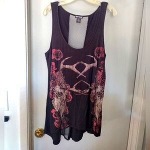 Black Hot Topic Tank Top Deer Skull and Rose Design